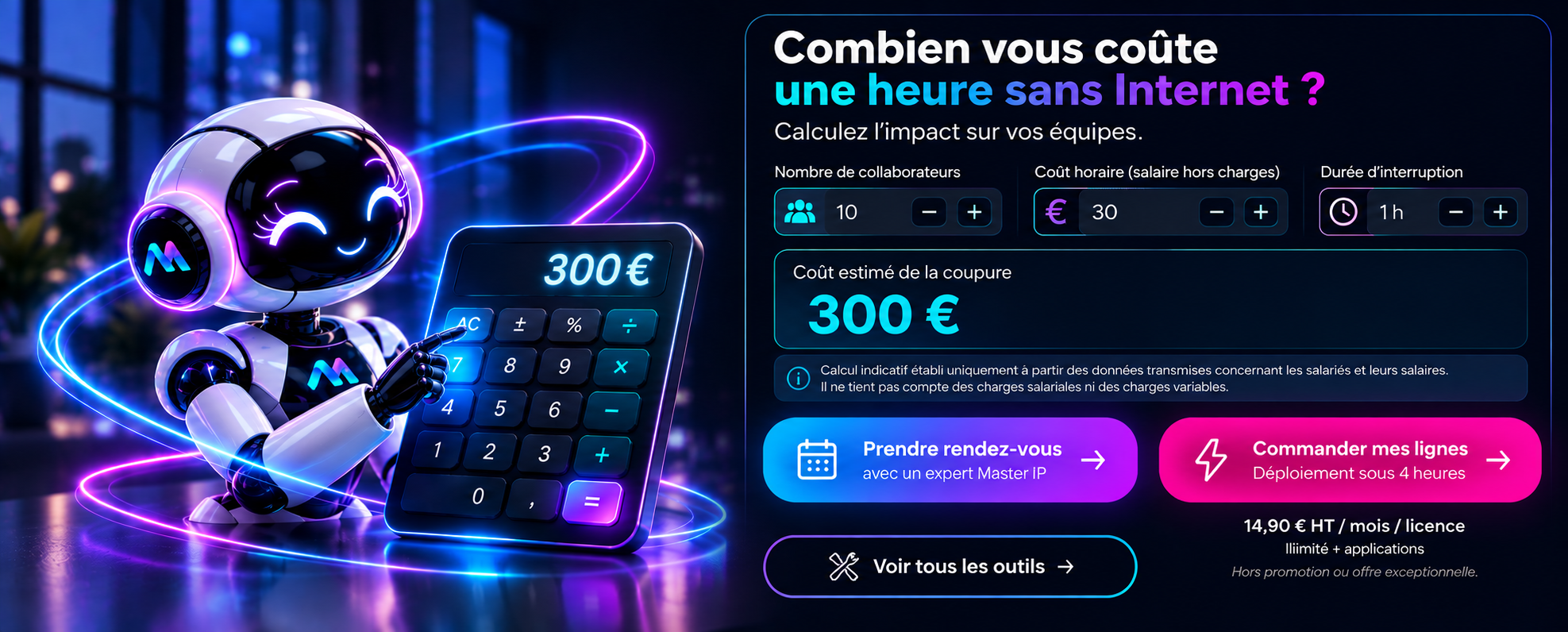 Lyzia, robot Master IP, et calculateur du coût d'une coupure Internet