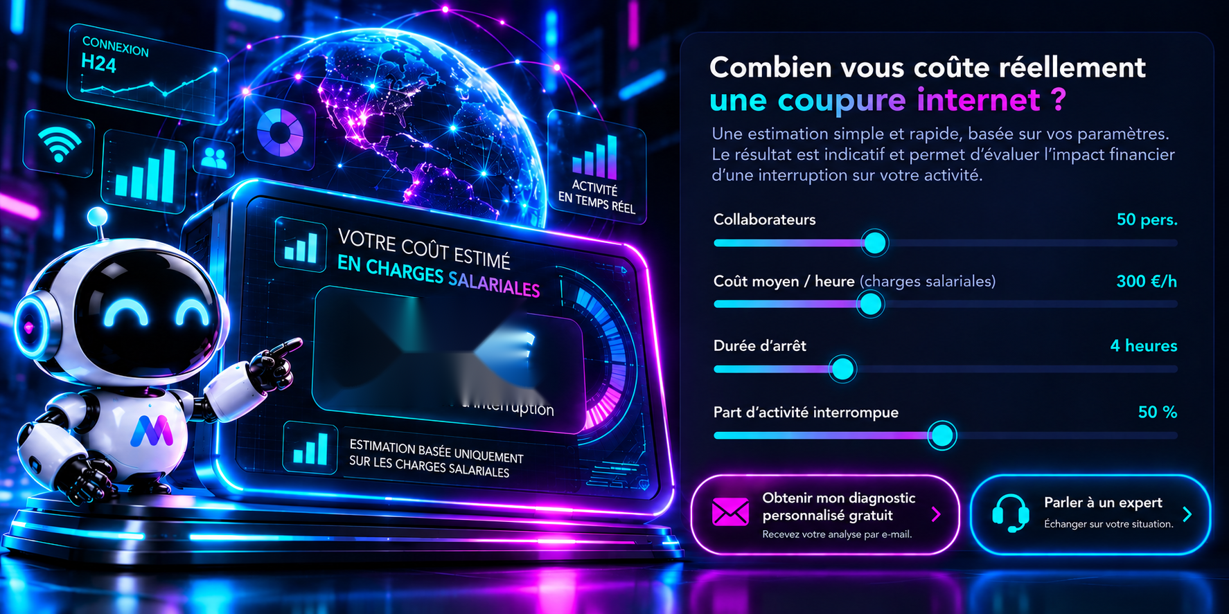 Lyzia, robot Master IP, et calculateur du coût d'une coupure Internet
